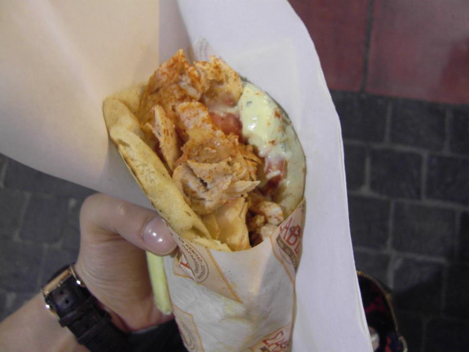 Staple of Greek street food: souvlaki. This particular version is chicken gyros with the works from Savvas at Monastiraki.